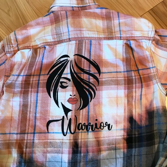 Bleached Flannel Shirt, Size Medium: Upcycled Painted Lady Portrait Warrior - Picture 6 of 12